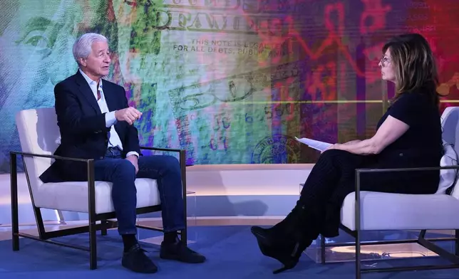JPMorgan CEO Jamie Dimon, left, is interviewed by Maria Bartiromo on the "Mornings with Maria Bartiromo" program, on the Fox Business Network, in New York Wednesday, April 9, 2025. (AP Photo/Richard Drew)