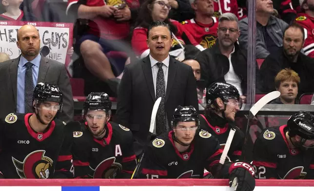 Ottawa Senators head coach Travis Green looks on during second period NHL hockey action against the Chicago Blackhawks, in Ottawa, on Tuesday, April 15, 2025. (Justin Tang/The Canadian Press via AP)