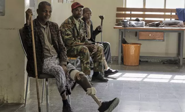 Wounded Tigrayan former combatant's of the recent war, wait to be attended at Ortho-Physiotherapy Centre at Mekele in Tigray region of northern Ethiopia Friday, Feb. 14, 2025. (AP Photo/Amanuel Birhane)