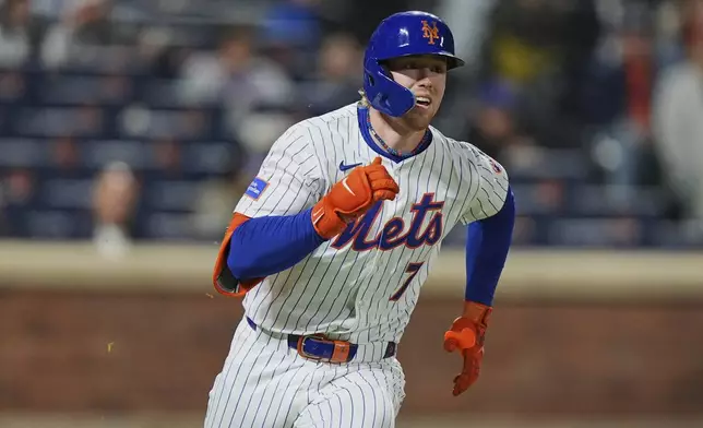 New York Mets' Brett Baty (7) runs for a double during the seventh inning of a baseball game against the St. Louis Cardinals Thursday, April 17, 2025, in New York. (AP Photo/Frank Franklin II)