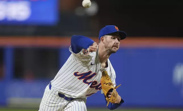 New York Mets' Griffin Canning pitches during the third inning of a baseball game against the St. Louis Cardinals Thursday, April 17, 2025, in New York. (AP Photo/Frank Franklin II)