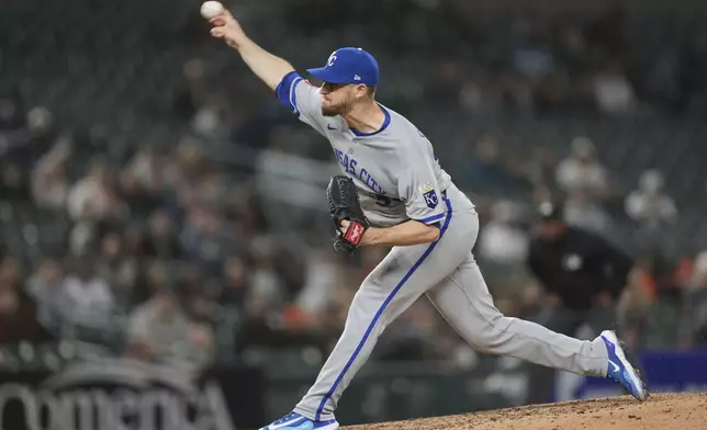 Kansas City Royals pitcher Chris Stratton (35) throws against the Detroit Tigers in the eighth inning during a baseball game, Thursday, April 17, 2025, in Detroit. (AP Photo/Paul Sancya)