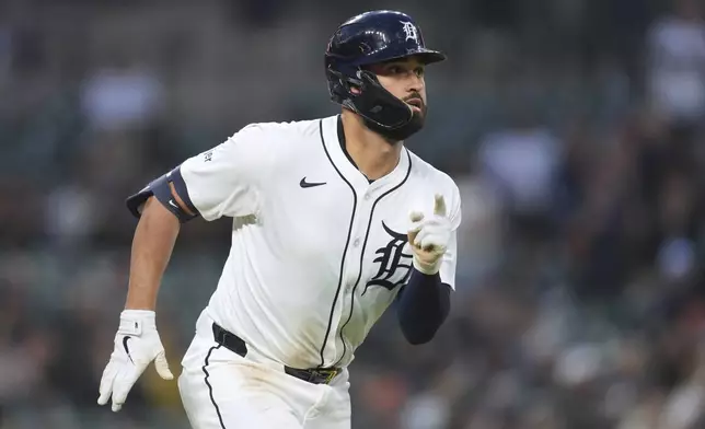 Detroit Tigers' Riley Greene runs out a one-run single against the Kansas City Royals in the fifth inning during a baseball game, Thursday, April 17, 2025, in Detroit. (AP Photo/Paul Sancya)