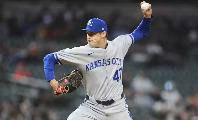 Kansas City Royals pitcher Evan Sisk throws against the Detroit Tigers in the fifth inning during a baseball game, Thursday, April 17, 2025, in Detroit. (AP Photo/Paul Sancya)