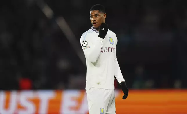 Aston Villa's Marcus Rashford stands on the pitch during the Champions League quarterfinal first leg soccer match between Paris Saint-Germain and Aston Villa at Parc des Princes stadium in Paris, Wednesday, April 9, 2025. (AP Photo/Aurelien Morissard)