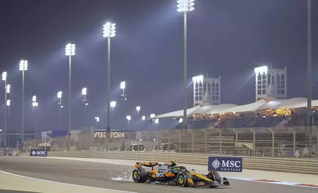 McLaren driver Lando Norris of Britain in action during the second free practice for the Formula One 2025 Bahrain Grand Prix, in Sakhir, Friday, April 11, 2025. (AP Photo/Darko Bandic)
