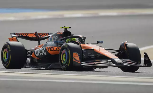 McLaren driver Lando Norris of Britain in action during the Formula One 2025 Bahrain Grand Prix, in Sakhir, Friday, April 11, 2025. (AP Photo/Altaf Qadri)