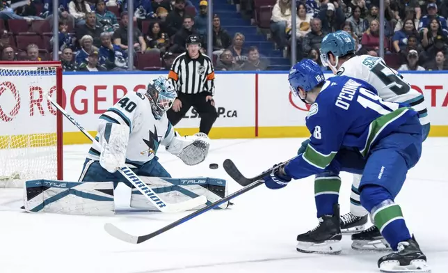San Jose Sharks goaltender Alexandar Georgiev (40) stops Vancouver Canucks' Drew O'Connor (18) as San Jose's Jimmy Schuldt (59) defends during the third period of an NHL hockey game in Vancouver, British Columbia, Monday, April 14, 2025. (Ethan Cairns/The Canadian Press via AP)