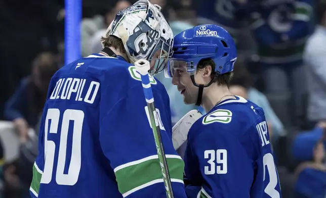 Vancouver Canucks goaltender Nikita Tolopilo (60) celebrates defeating the San Jose Sharks in overtime with Ty Mueller (39) after an NHL hockey game in Vancouver, British Columbia, Monday, April 14, 2025. (Ethan Cairns/The Canadian Press via AP)