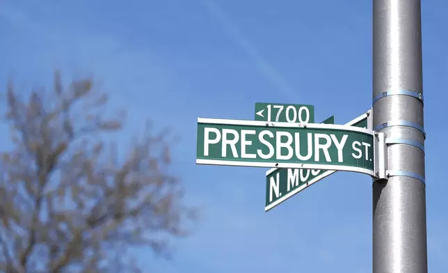 A street sign identifying the 1700 block of Presbury Street is seen, Monday, April 14, 2025, in the Sandtown-Winchester neighborhood in Baltimore, where Freddie Gray was arrested before his subsequent death in 2015. (AP Photo/Stephanie Scarbrough)