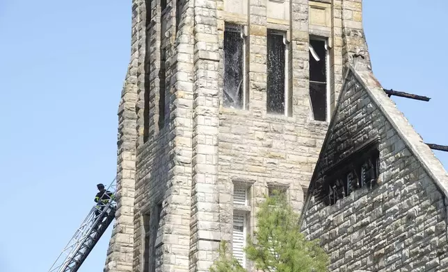 The historic Clayborn Temple, a landmark from the civil rights movement with ties to Martin Luther King, caught fire Monday, April 28, 2025, in Memphis, Tenn. (AP Photo/Karen Pulfer Focht)