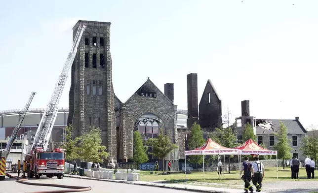 The historic Clayborn Temple, a landmark from the civil rights movement with ties to Martin Luther King, caught fire Monday, April 28, 2025, in Memphis, Tenn. (AP Photo/Karen Pulfer Focht)
