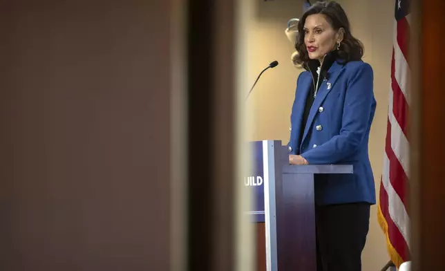 Michigan Gov. Gretchen Whitmer gives a policy speech at an event on Wednesday, April 9, 2025, in Washington. (AP Photo/Mark Schiefelbein)