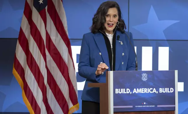 Michigan Gov. Gretchen Whitmer gives a policy speech at an event on Wednesday, April 9, 2025, in Washington. (AP Photo/Mark Schiefelbein)