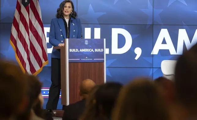 Michigan Gov. Gretchen Whitmer gives a policy speech at an event on Wednesday, April 9, 2025, in Washington. (AP Photo/Mark Schiefelbein)