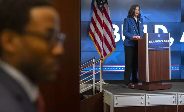 Michigan Gov. Gretchen Whitmer gives a policy speech at an event on Wednesday, April 9, 2025, in Washington. (AP Photo/Mark Schiefelbein)