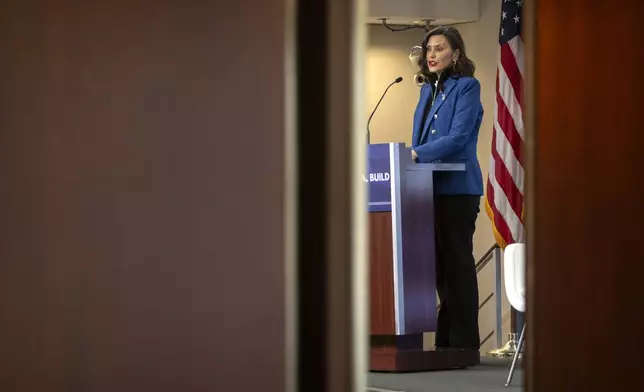 Michigan Gov. Gretchen Whitmer gives a policy speech at an event on Wednesday, April 9, 2025, in Washington. (AP Photo/Mark Schiefelbein)