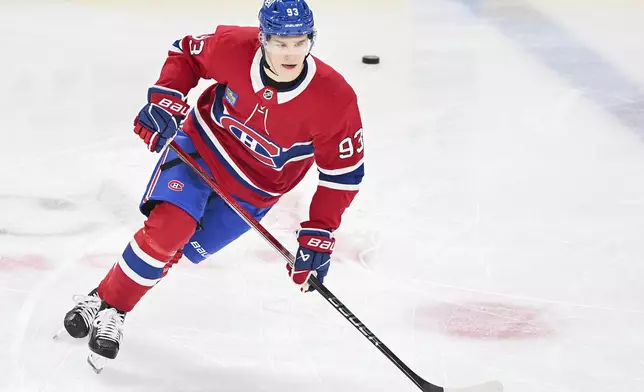 Montreal Canadiens' Ivan Demidov skates prior to an NHL hockey game against the Chicago Blackhawks in Montreal, Monday, April 14, 2025. (Graham Hughes/The Canadian Press via AP)
