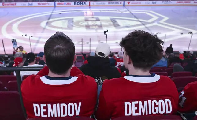 Montreal Canadiens fans sit in the stands ahead Ivan Demidov's NHL hockey game debut against the Chicago Blackhawks in Montreal, Monday, April 14, 2025. (Graham Hughes/The Canadian Press via AP)