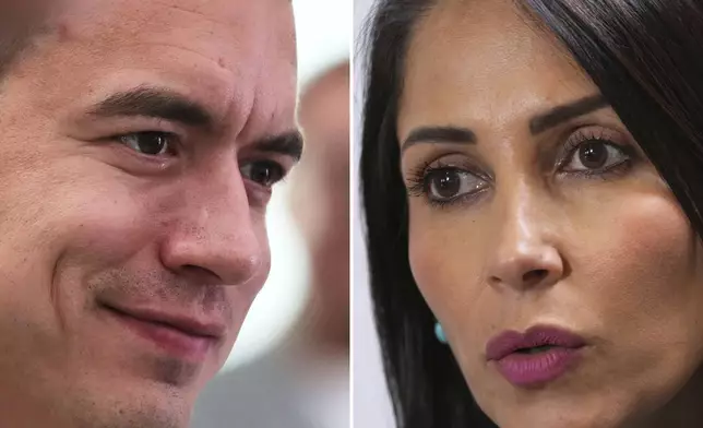 FILES - This combo shows Daniel Noboa, left, at a campaign event in Quito, Ecuador during his first bid for president on Sept. 29, 2023, and Luisa Gonzalez, right, presidential candidate with the Citizen Revolution party, during an interview in Quito, Ecuador on Aug. 14, 2023. (AP Photo/Dolores Ochoa, Files)
