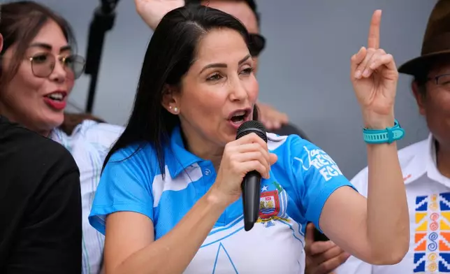 Luisa Gonzalez, presidential candidate for the Citizen Revolution party, addresses supporters during a campaign event in Guayaquil, Ecuador, Thursday, April 10, 2025. (AP Photo/Fernando Vergara)