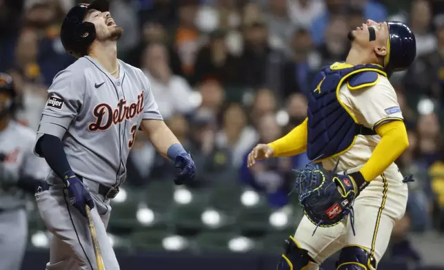 Detroit Tigers' Zach McKinstry (39) pops out to Milwaukee Brewers catcher William Contreras during the fourth inning of a baseball game Monday, April 14, 2025, in Milwaukee. (AP Photo/Jeffrey Phelps)