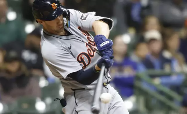 Detroit Tigers' Ryan Kreidler hits a base hit during the fifth inning of a baseball game against the Milwaukee Brewers, Monday, April 14, 2025, in Milwaukee. (AP Photo/Jeffrey Phelps)