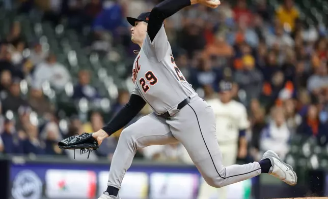 Detroit Tigers pitcher Tarik Skubal throws to the Milwaukee Brewers during the first inning of a baseball game Monday, April 14, 2025, in Milwaukee. (AP Photo/Jeffrey Phelps)
