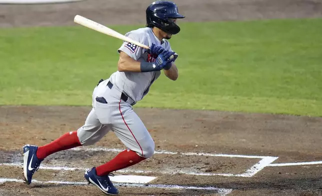 Boston Red Sox's David Hamilton bats against Tampa Bay Rays pitcher Zack Littell during the fourth inning of a baseball game Wednesday, April 16, 2025, in Tampa, Fla. (AP Photo/Chris O'Meara)