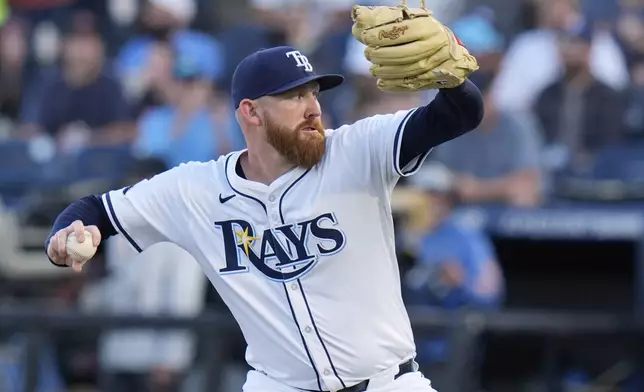Tampa Bay Rays pitcher Zack Littell delivers to the Boston Red Sox during the first inning of a baseball game Wednesday, April 16, 2025, in Tampa, Fla. (AP Photo/Chris O'Meara)
