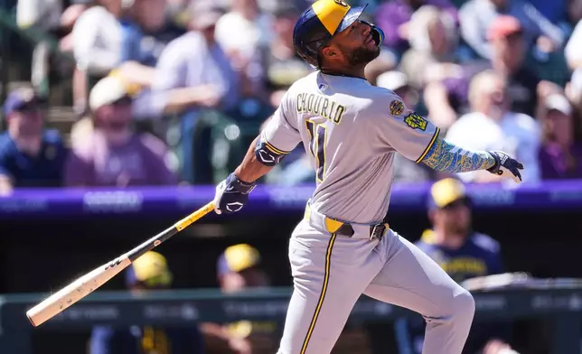 Milwaukee Brewers' Jackson Chourio flies out against Colorado Rockies starting pitcher Ryan Feltner in the first inning of a baseball game Thursday, April 10, 2025, in Denver. (AP Photo/David Zalubowski)