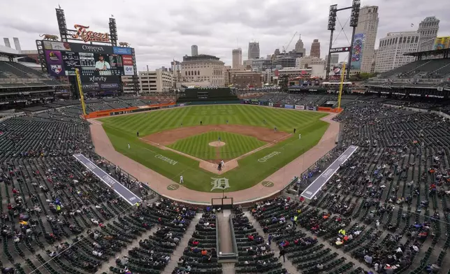 FILE -The Detroit Tigers play the Kansas City Royals at Comerica Park in the sixth inning of a baseball game in Detroit, Thursday, Sept. 29, 2022. (AP Photo/Paul Sancya, File)
