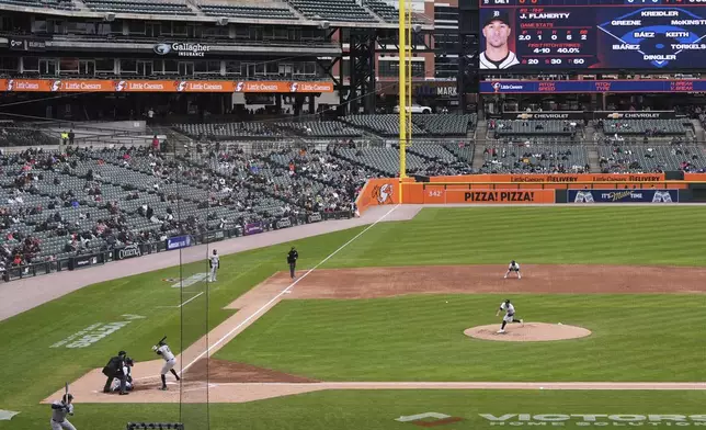 Detroit Tigers pitcher Jack Flaherty throws to New York Yankees' Ben Rice in the third inning during a baseball game at Comerica Park , Wednesday, April 9, 2025, in Detroit. (AP Photo/Paul Sancya)