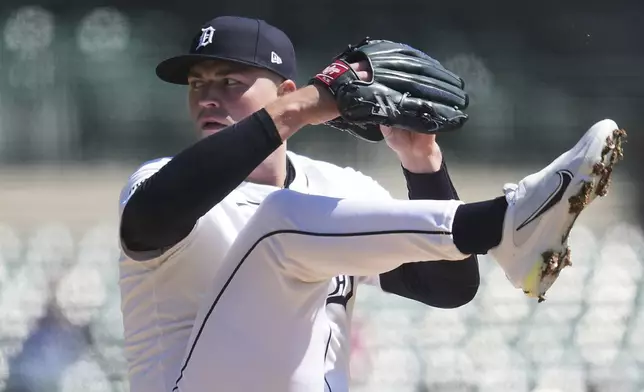 Detroit Tigers pitcher Tarik Skubal throws against the New York Yankees in the first inning during a baseball game, Tuesday, April 8, 2025, in Detroit. (AP Photo/Paul Sancya)