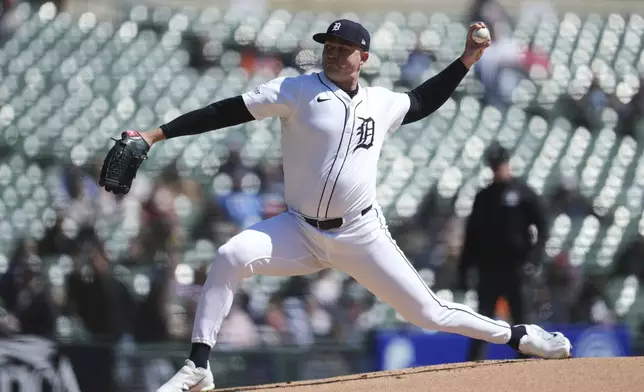 Detroit Tigers pitcher Tarik Skubal throws against the New York Yankees in the first inning of a baseball game, Tuesday, April 8, 2025, in Detroit. (AP Photo/Paul Sancya)