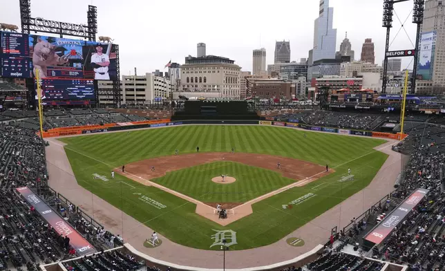 The Detroit Tigers play the New York Yankees in the third inning during a baseball game at Comerica Park , Wednesday, April 9, 2025, in Detroit. (AP Photo/Paul Sancya)
