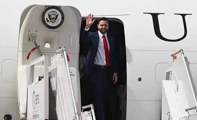 U.S. Vice President JD Vance arrives in New Delhi, India Monday, April 21, 2025. (Kenny Holston/The New York Times via AP, Pool)