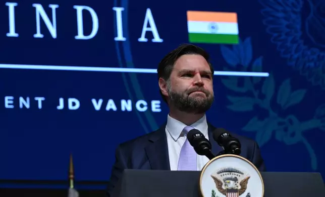 U.S. Vice President JD Vance delivers remarks at the Rajasthan International Centre in Jaipur, India, Tuesday, April 22, 2025. (Kenny Holston/The New York Times via AP, Pool)