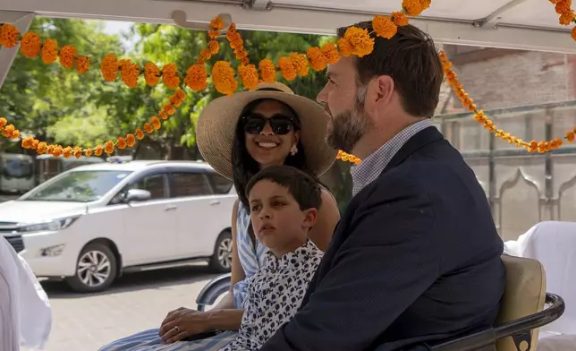 U.S. Vice President JD Vance and his family return after a visit to the Taj Mahal in Agra, India Wednesday, April 23, 2025.(AP Photo/Rajesh Kumar Singh)