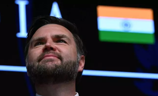U.S. Vice President JD Vance delivers remarks at the Rajasthan International Centre in Jaipur, India, Tuesday, April 22, 2025. (Kenny Holston/The New York Times via AP, Pool)