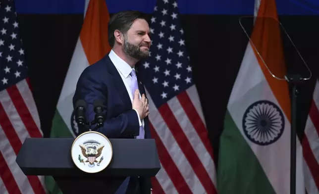 U.S. Vice President JD Vance delivers remarks at the Rajasthan International Centre in Jaipur, India, Tuesday, April 22, 2025. (Kenny Holston/The New York Times via AP, Pool)