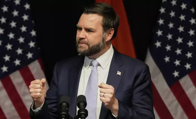 U.S. Vice President JD Vance speaks at the Rajasthan International Center in Jaipur, India, Tuesday, April 22, 2025. (AP Photo/Manish Swarup)