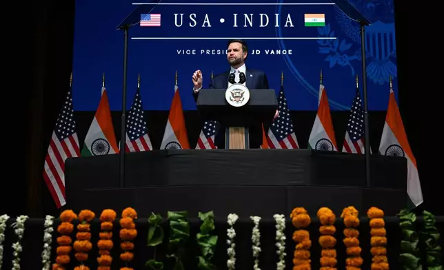 U.S. Vice President JD Vance delivers remarks at the Rajasthan International Centre in Jaipur, India, Tuesday, April 22, 2025. (Kenny Holston/The New York Times via AP, Pool)