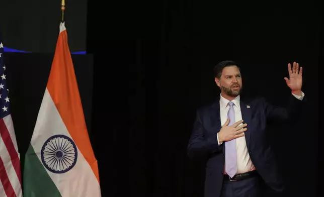 U.S. Vice President JD Vance arrives to speak at the Rajasthan International Center in Jaipur, India, Tuesday, April 22, 2025. (AP Photo/Manish Swarup)