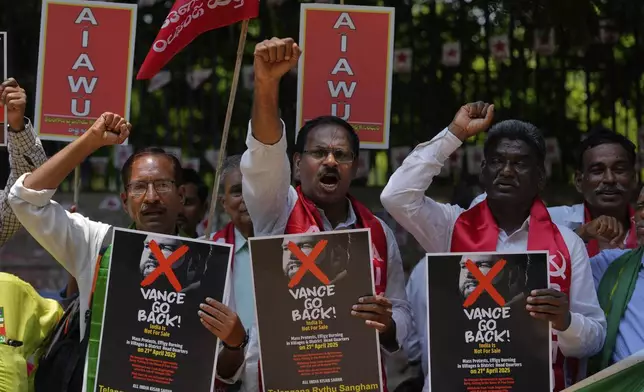 Activists of Samyukt Kisan Morcha shout slogans during a protest against the visit of U.S. Vice President JD Vance to India, in Hyderabad, India, Monday, April 21, 2025. (AP Photo/Mahesh Kumar A.)