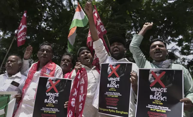 Activists of Samyukt Kisan Morcha shout slogans during a protest against the visit of U.S. Vice President JD Vance to India, in Hyderabad, India, Monday, April 21, 2025. (AP Photo/Mahesh Kumar A.)