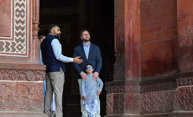 U.S. Vice President JD Vance and his family visit the Taj Mahal, in Agra, India, Wednesday, April 23, 2025. (Kenny Holston/The New York Times via AP, Pool)