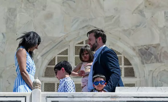 U.S. Vice President JD Vance and his family, including wife Usha Vance, visit the Taj Mahal on Wednesday, April 23, 2025, in Agra, India. (Kenny Holston/The New York Times via AP, Pool)