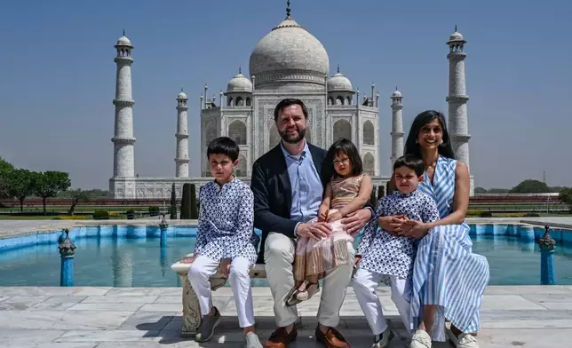 U.S. Vice President JD Vance and his family, including wife Usha Vance, visit the Taj Mahal on Wednesday, April 23, 2025, in Agra, India. (Kenny Holston /The New York Times via AP, Pool)