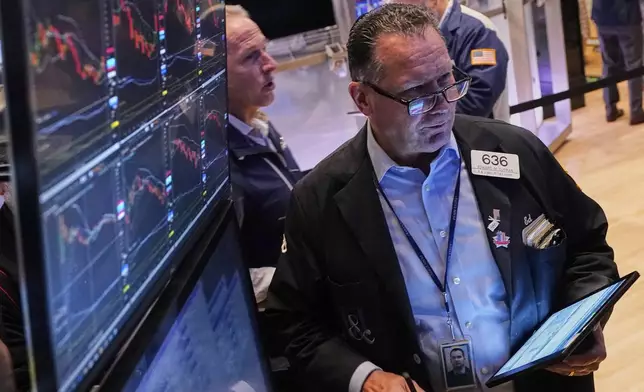 Trader Edward Curran, right, works on the floor of the New York Stock Exchange, Thursday, April 24, 2025. (AP Photo/Richard Drew)